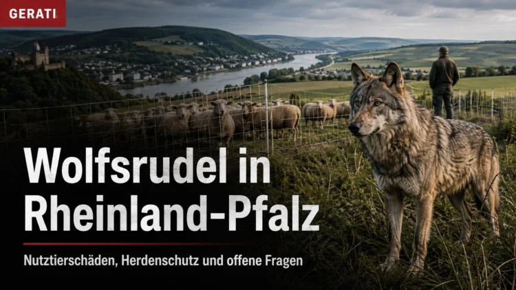 Wolfsrudel in Rheinland-Pfalz vor einer eingezäunten Schafweide mit Tierhalter im Rhein-Lahn-Gebiet.