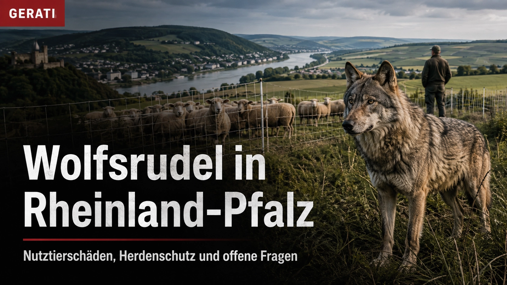 Wolfsrudel in Rheinland-Pfalz vor einer eingezäunten Schafweide mit Tierhalter im Rhein-Lahn-Gebiet.