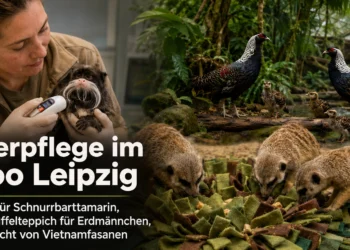 Tierpflege im Zoo Leipzig mit Schnurrbarttamarin bei der Untersuchung, Erdmännchen am Schnüffelteppich und Vietnamfasanen mit Jungtieren.