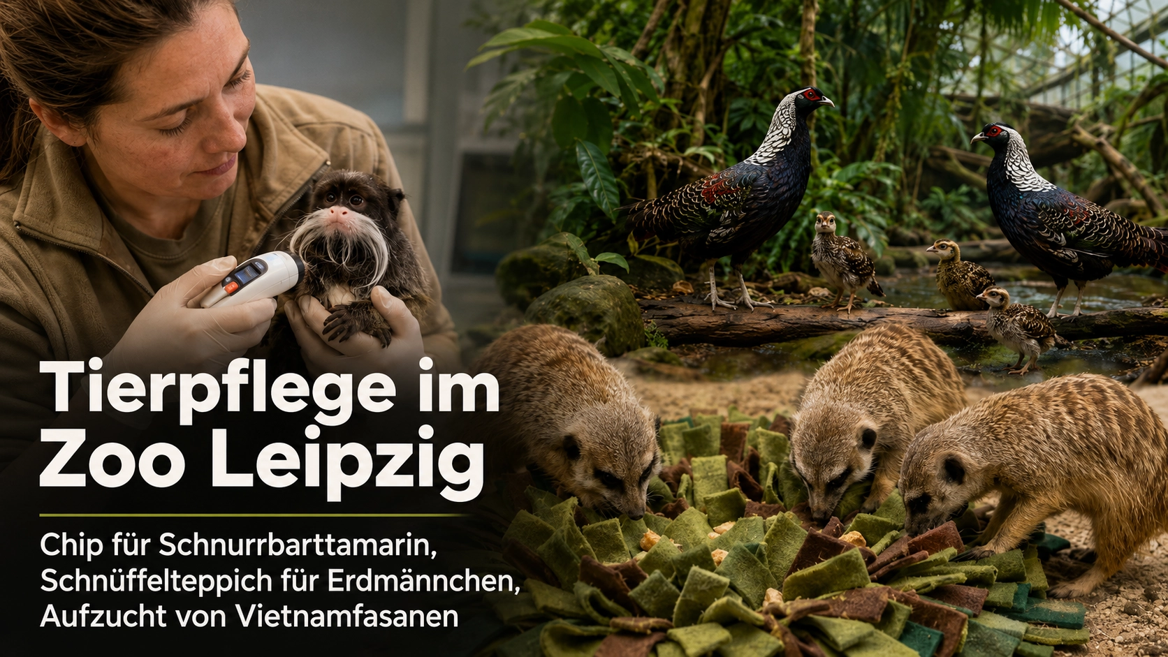 Tierpflege im Zoo Leipzig: Chip für Schnurrbarttamarin, Schnüffelteppich für Erdmännchen und Nachwuchs bei Vietnamfasanen 1 Tierpflege im Zoo Leipzig mit Schnurrbarttamarin bei der Untersuchung, Erdmännchen am Schnüffelteppich und Vietnamfasanen mit Jungtieren.