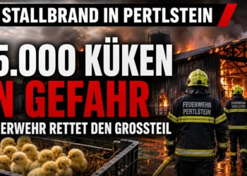 Stallbrand in Pertlstein: Feuerwehrkräfte vor einem brennenden Hühnerstall, während gerettete Küken in einer Transportkiste sitzen.