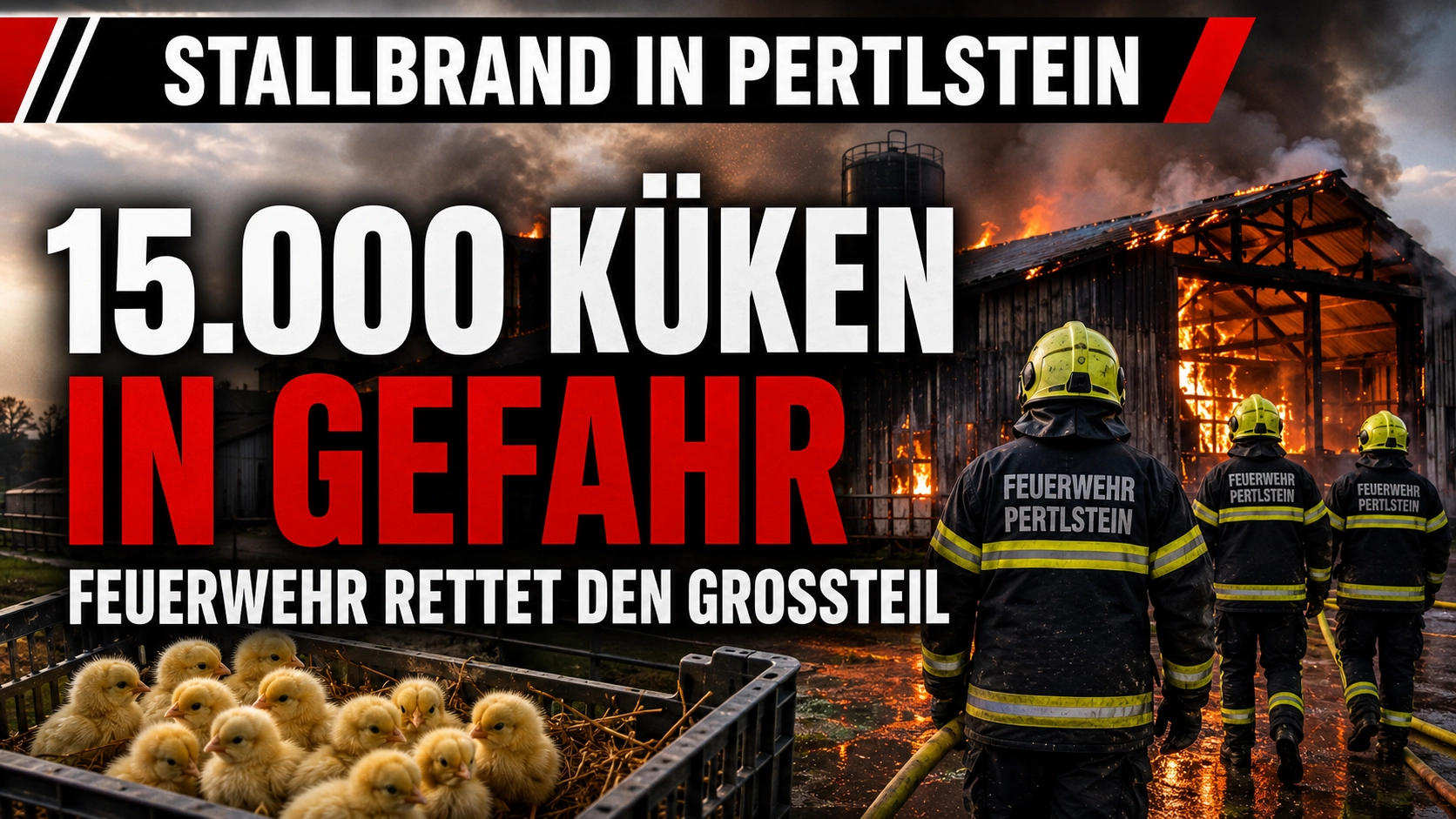 Stallbrand in Pertlstein: Feuerwehr rettet Großteil von rund 15.000 Küken 1 Stallbrand in Pertlstein: Feuerwehrkräfte vor einem brennenden Hühnerstall, während gerettete Küken in einer Transportkiste sitzen.