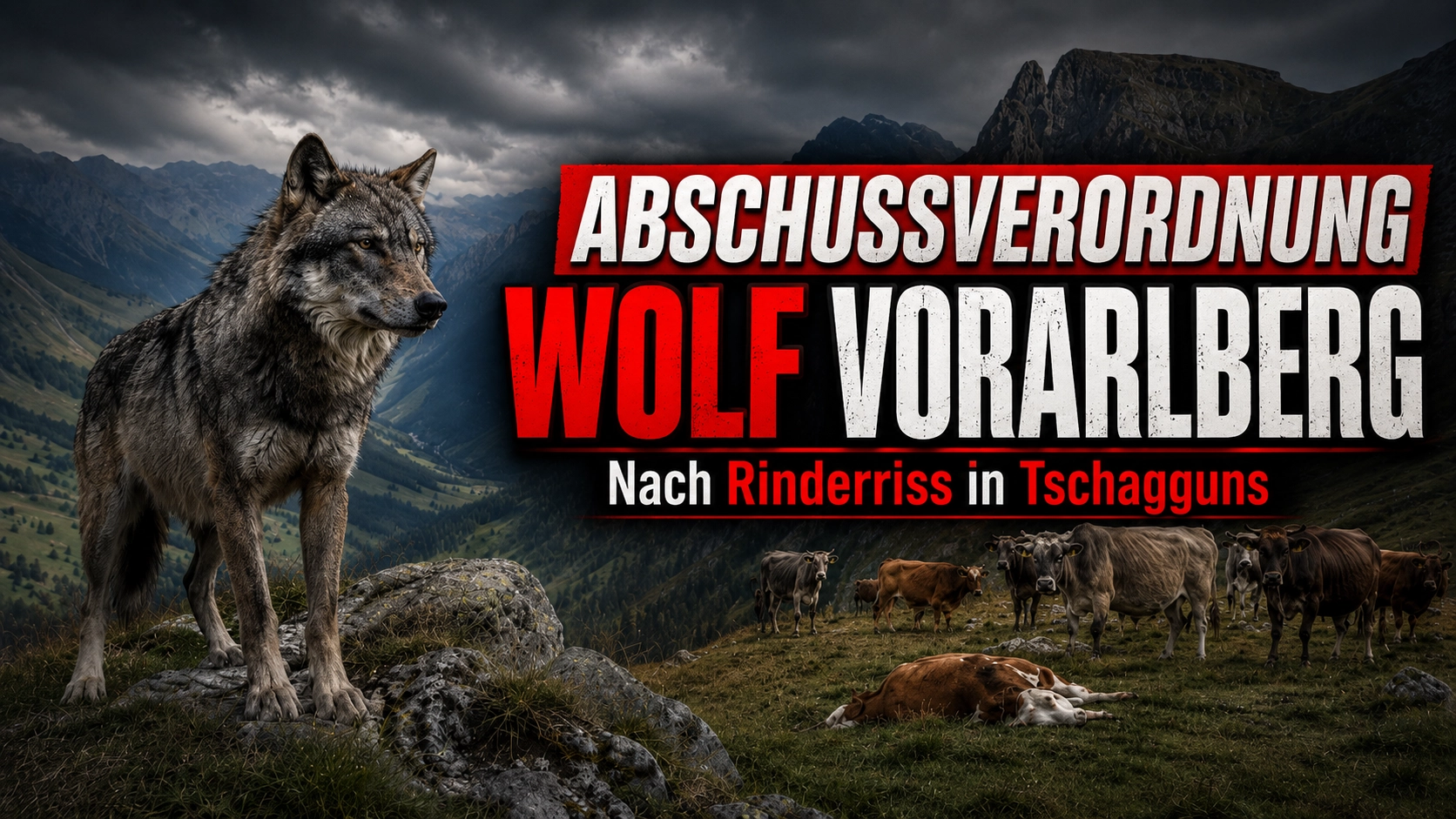 Abschussverordnung für Wolf in Vorarlberg nach Rinderriss in Tschagguns 1 Abschussverordnung Wolf Vorarlberg nach einem Rinderriss in Tschagguns: Wolf und Rinder auf einer dramatischen Hochalpe.