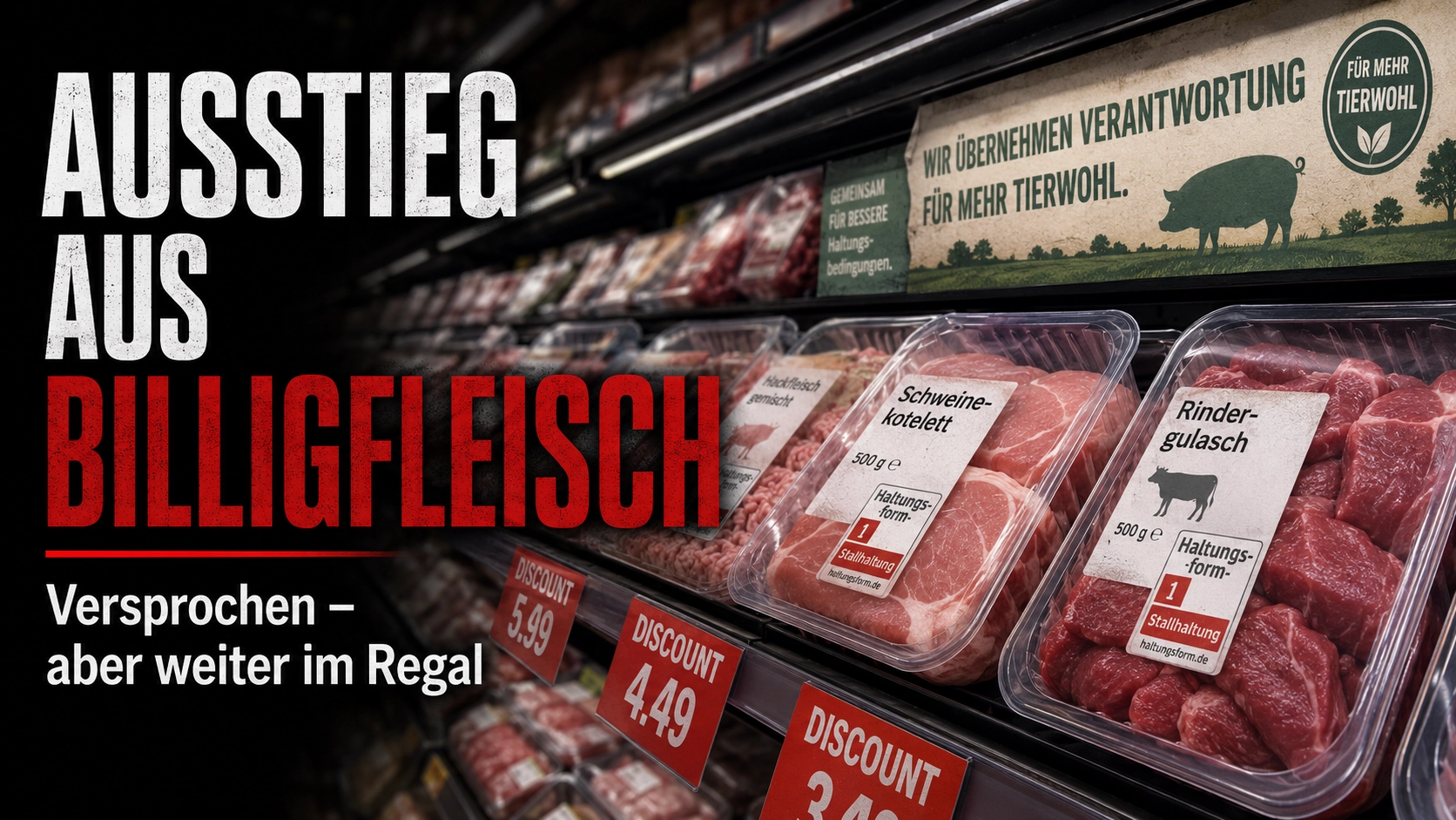 Titelbild zum Thema Ausstieg aus Billigfleisch: Supermarktregal mit abgepacktem Fleisch aus Haltungsform 1 trotz angekündigter Umstellung im Handel.