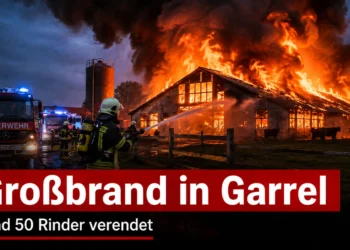 Großbrand in Garrel: Rund 50 Rinder verendet – Polizei prüft Funkenflug als mögliche Ursache 12 Großbrand in Garrel: Feuerwehrleute bekämpfen einen brennenden Rinderstall, in dem rund 50 Rinder verendeten.