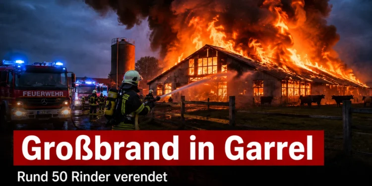 Großbrand in Garrel: Rund 50 Rinder verendet – Polizei prüft Funkenflug als mögliche Ursache 11 Großbrand in Garrel: Feuerwehrleute bekämpfen einen brennenden Rinderstall, in dem rund 50 Rinder verendeten.