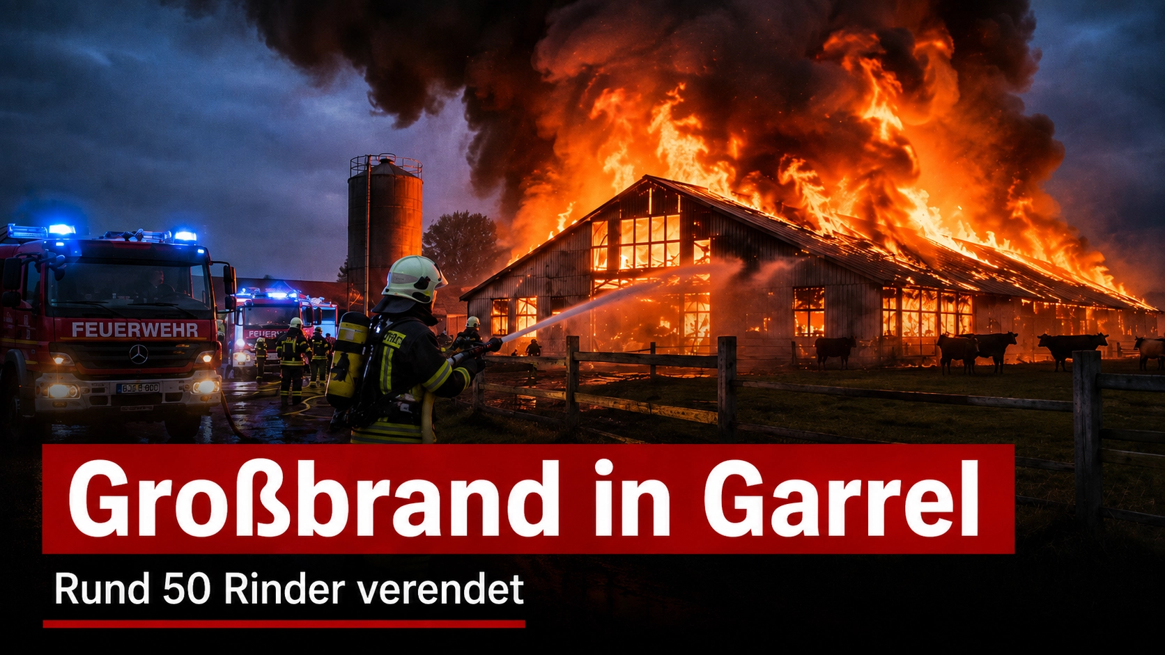 Großbrand in Garrel: Feuerwehrleute bekämpfen einen brennenden Rinderstall, in dem rund 50 Rinder verendeten.