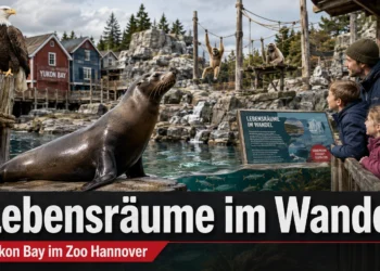 „Lebensräume im Wandel“: Zoo Hannover stärkt Umweltbildung in Yukon Bay 17 Lebensräume im Wandel in Yukon Bay: Titelbild zum Artikel über die neue Bildungspräsentation im Zoo Hannover mit Seelöwe, Weißkopfseeadler, Gibbons und Besucherfamilie.
