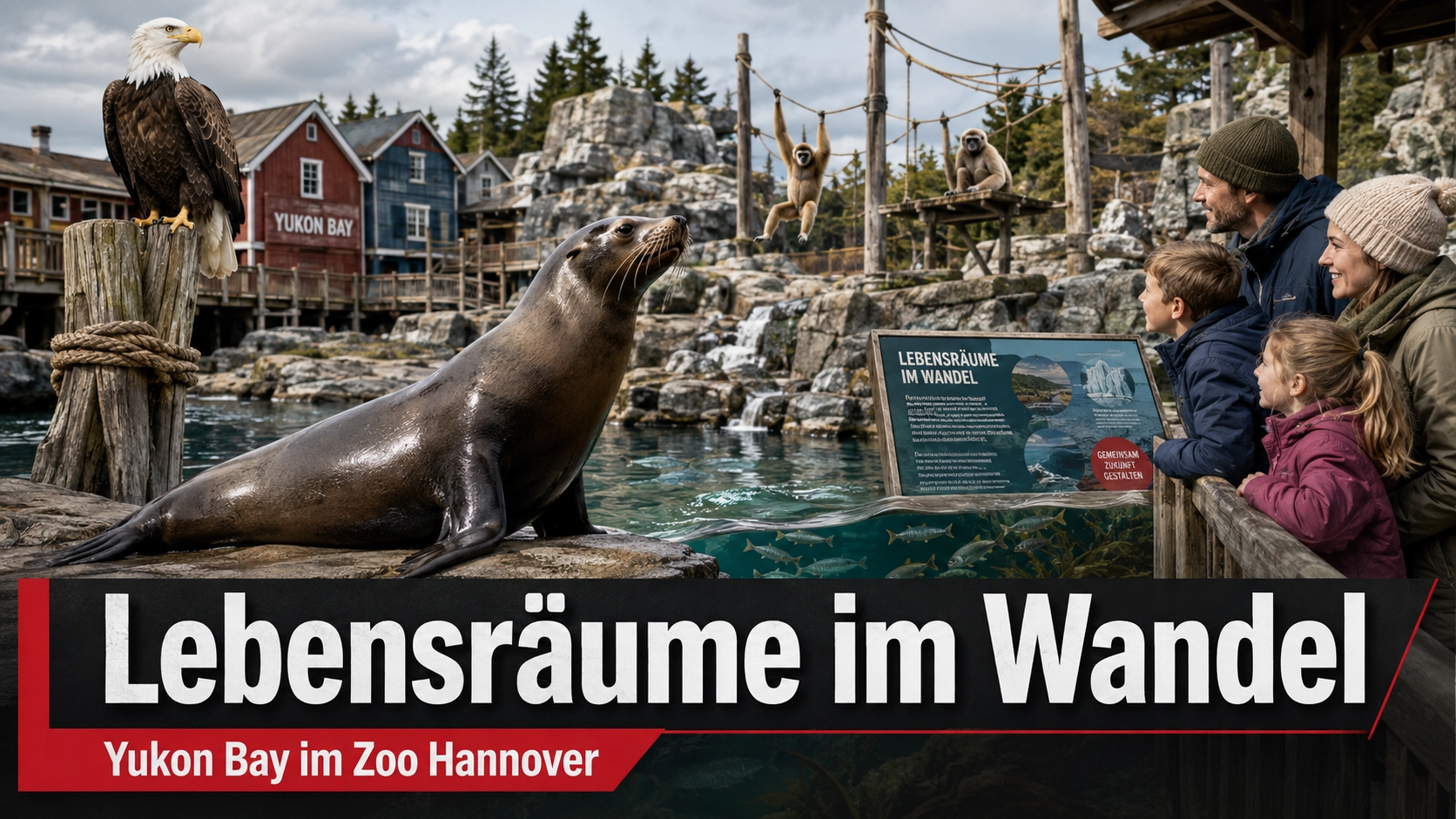 Lebensräume im Wandel in Yukon Bay: Titelbild zum Artikel über die neue Bildungspräsentation im Zoo Hannover mit Seelöwe, Weißkopfseeadler, Gibbons und Besucherfamilie.
