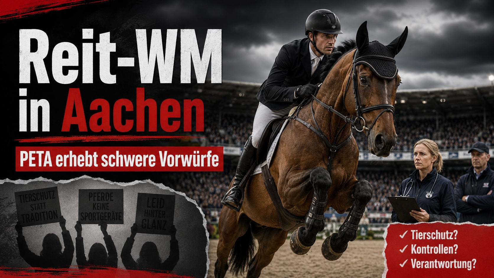 Reit-WM in Aachen mit Springreiter, Pferd, Veterinärkontrolle und Hinweis auf schwere PETA-Vorwürfe.