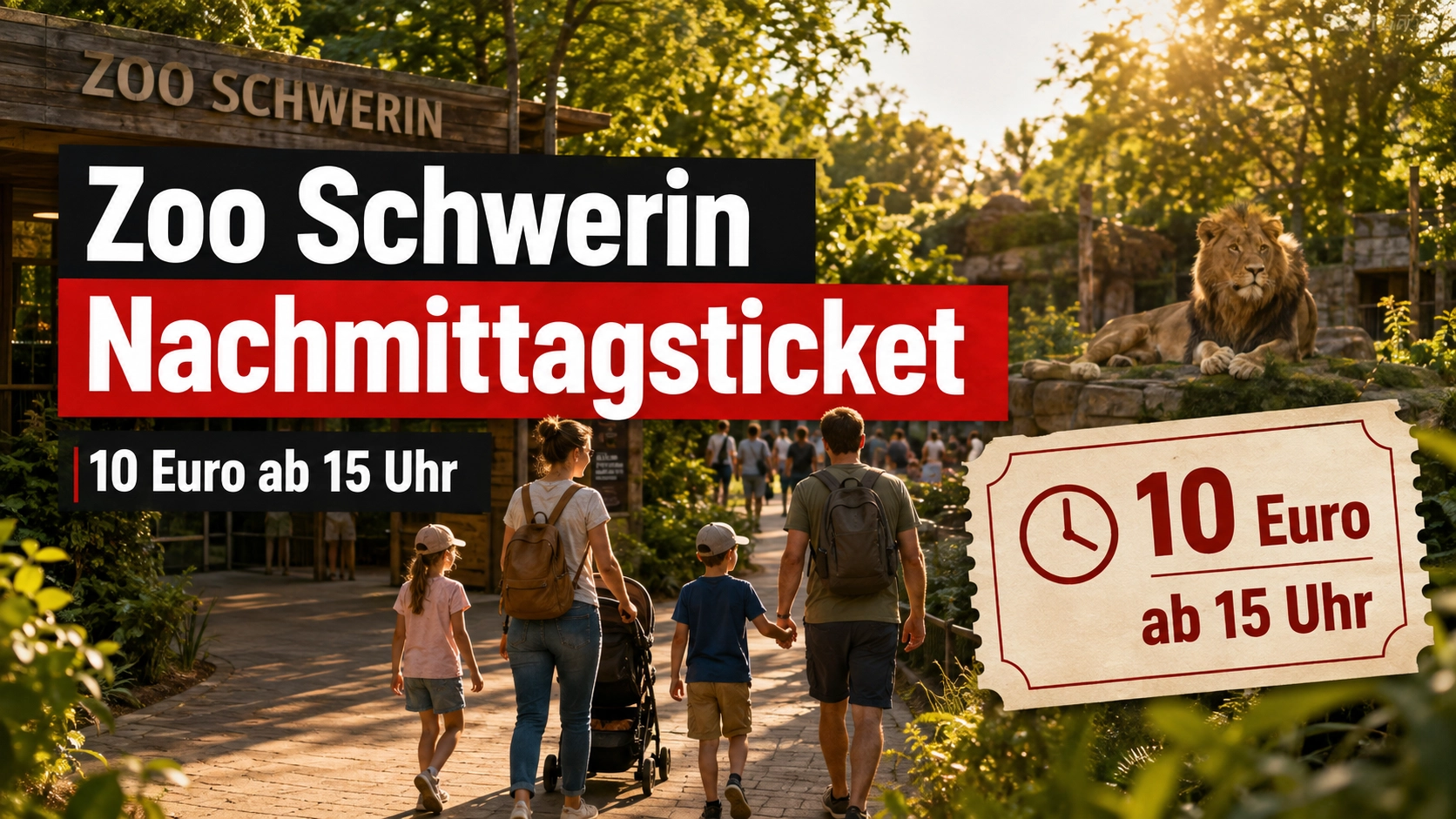 Zoo Schwerin führt Sommer-Nachmittagsticket ein: Attraktives Angebot für spontane Zoobesuche 1 Zoo Schwerin Nachmittagsticket für 10 Euro ab 15 Uhr mit Zoobesuchern und Asiatischem Löwen im Abendlicht.