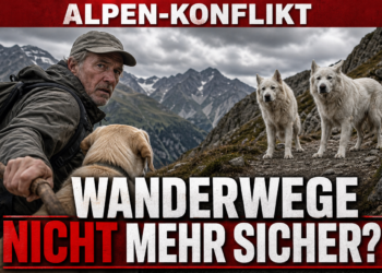 Herdenschutzhunde im Val Sumvitg stehen einem Wanderer mit Labrador auf einem alpinen Wanderweg gegenüber.