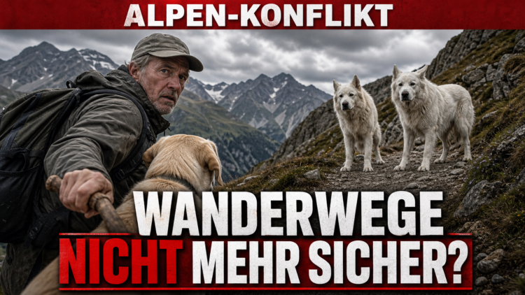Herdenschutzhunde im Val Sumvitg: Dramatischer Erfahrungsbericht, aber viele Fragen bleiben offen 34 Herdenschutzhunde im Val Sumvitg stehen einem Wanderer mit Labrador auf einem alpinen Wanderweg gegenüber.