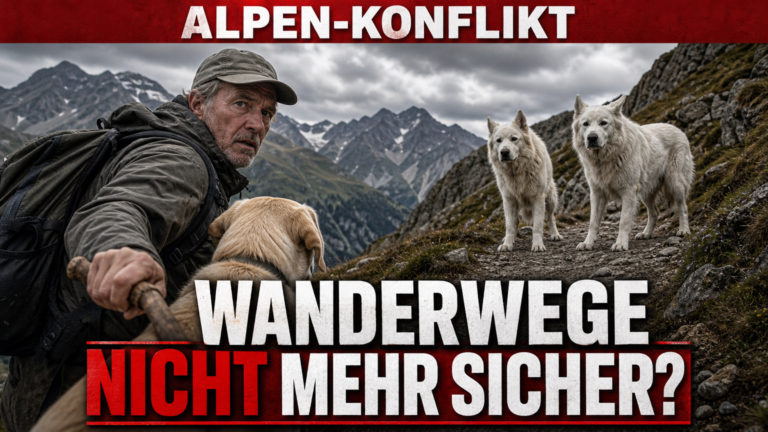 Herdenschutzhunde im Val Sumvitg stehen einem Wanderer mit Labrador auf einem alpinen Wanderweg gegenüber.