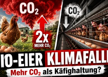 Bio-Eier Klimabilanz im Vergleich: Freilandhaltung mit höherem CO₂-Ausstoß gegenüber intensiver Käfighaltung.