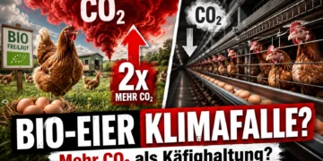 Bio-Eier Klimabilanz im Vergleich: Freilandhaltung mit höherem CO₂-Ausstoß gegenüber intensiver Käfighaltung.