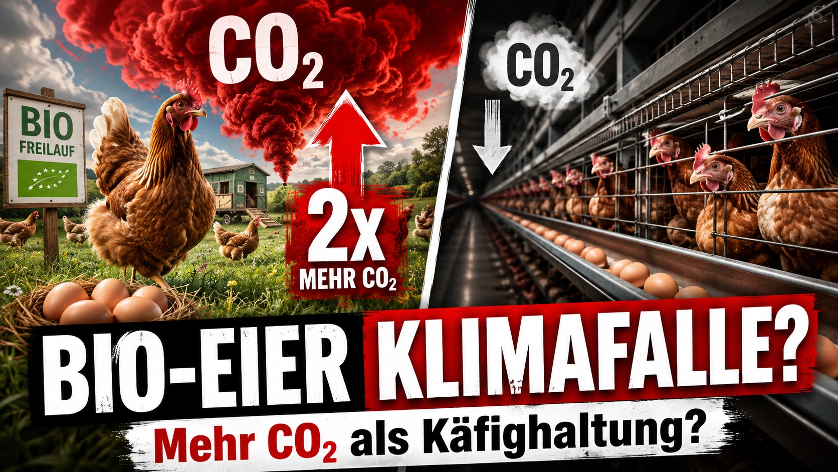 Bio-Eier Klimabilanz im Vergleich: Freilandhaltung mit höherem CO₂-Ausstoß gegenüber intensiver Käfighaltung.