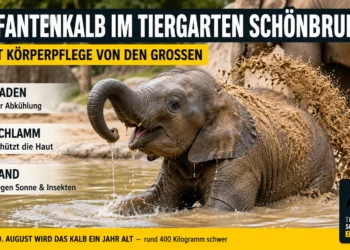Elefantenkalb im Tiergarten Schönbrunn beim Baden und Spielen mit Schlamm und Sand zur natürlichen Körperpflege.