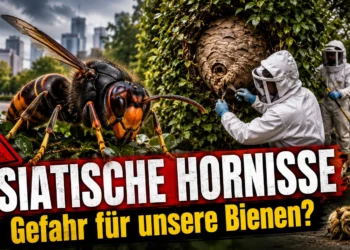 Asiatische Hornisse vor einem Nest, während Forscher in Schutzanzügen das Nest untersuchen und sichern.