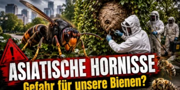 Asiatische Hornisse in Offenbach: Forscher bringen komplettes Nest nach Bayern 18 Asiatische Hornisse vor einem Nest, während Forscher in Schutzanzügen das Nest untersuchen und sichern.