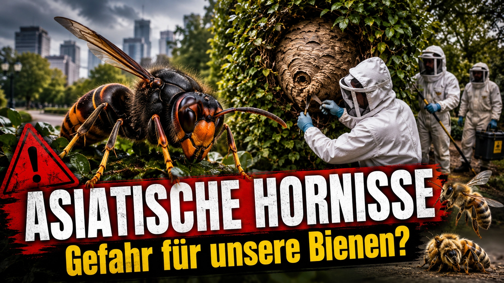 Asiatische Hornisse in Offenbach: Forscher bringen komplettes Nest nach Bayern 1 Asiatische Hornisse vor einem Nest, während Forscher in Schutzanzügen das Nest untersuchen und sichern.