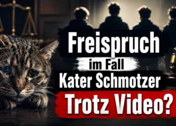 Freispruch im Fall Kater Schmotzer: Trauriger Kater vor Gerichtssymbolen, vier Silhouetten und Richterhammer.