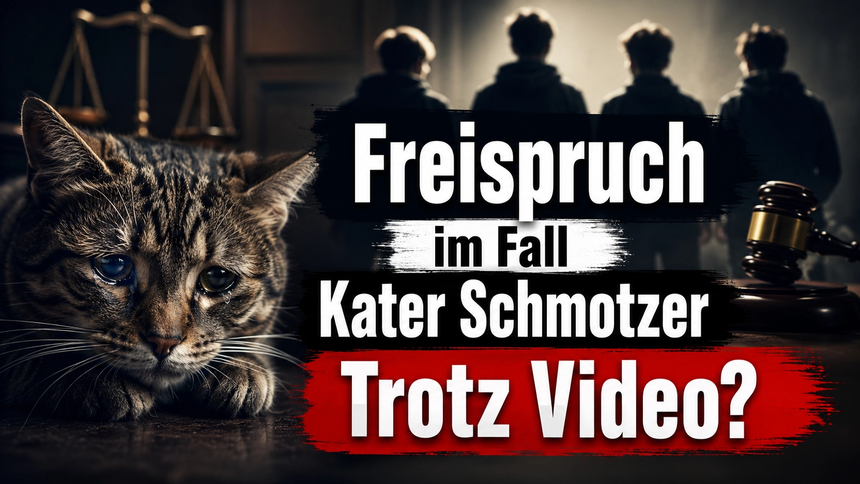 Freispruch im Fall Kater Schmotzer: Trauriger Kater vor Gerichtssymbolen, vier Silhouetten und Richterhammer.