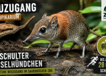 Rotschulter-Rüsselhündchen Saarbrücker Zoo im Tropikarium mit Hinweisen auf 600 Gramm Gewicht und bis zu 28 km/h Geschwindigkeit.