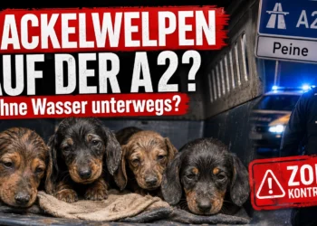 Dackelwelpen auf der A2 bei Peine sitzen erschöpft in einer Transportbox, während der Zoll den internationalen Tiertransport kontrolliert.
