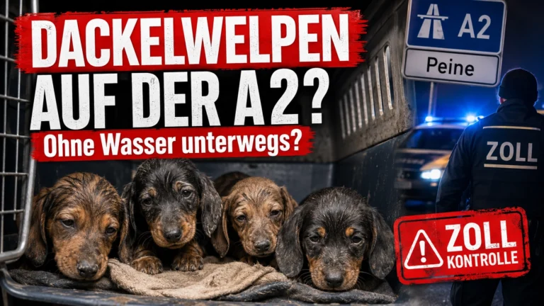 Dackelwelpen auf der A2 bei Peine sitzen erschöpft in einer Transportbox, während der Zoll den internationalen Tiertransport kontrolliert.
