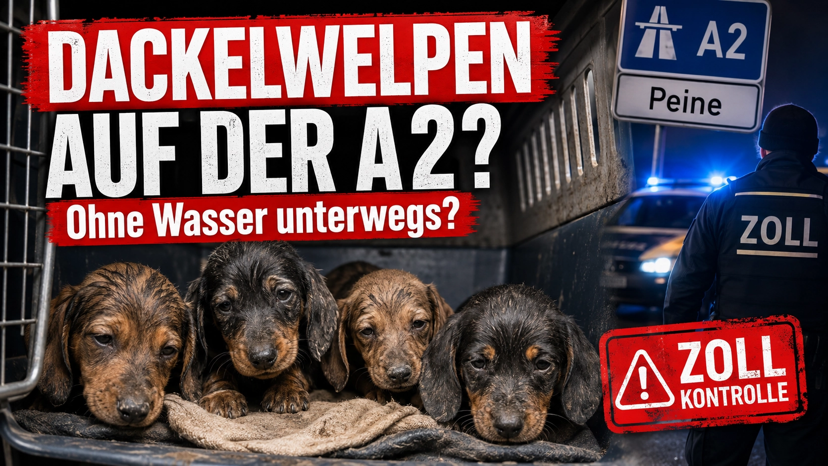 Schlapp, ohne Wasser und erst acht Wochen alt: Zoll stoppt Dackeltransport auf der A2 1 Dackelwelpen auf der A2 bei Peine sitzen erschöpft in einer Transportbox, während der Zoll den internationalen Tiertransport kontrolliert.