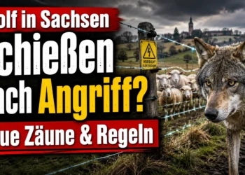 Wolf in Sachsen vor einem Elektrozaun mit Schafen – neue Regeln für Herdenschutz und Wolfsabschuss nach einem Angriff.