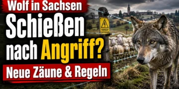 Wolf in Sachsen vor einem Elektrozaun mit Schafen – neue Regeln für Herdenschutz und Wolfsabschuss nach einem Angriff.