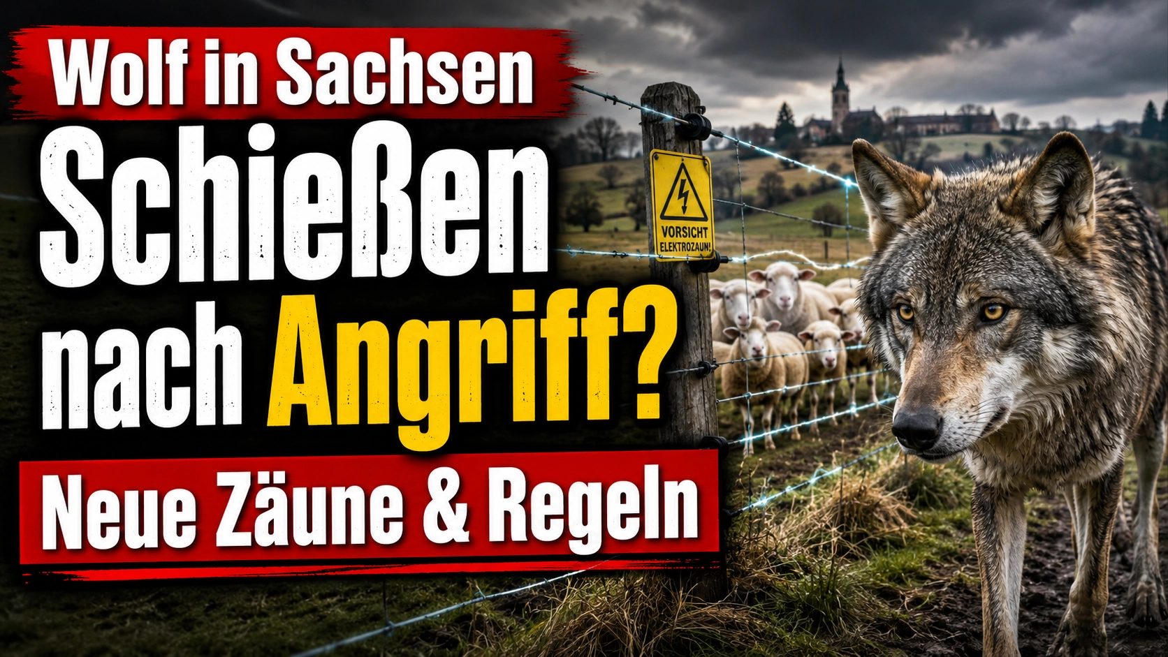Wolf in Sachsen vor einem Elektrozaun mit Schafen – neue Regeln für Herdenschutz und Wolfsabschuss nach einem Angriff.