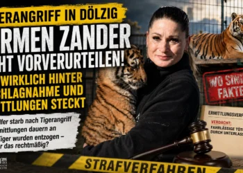 Carmen Zander Tigerangriff in Dölzig: Titelbild mit Carmen Zander, Tigern, Ermittlungsakten und Hinweis auf die umstrittene Beschlagnahmung.