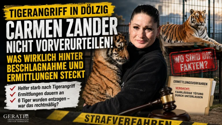 Carmen Zander Tigerangriff in Dölzig: Titelbild mit Carmen Zander, Tigern, Ermittlungsakten und Hinweis auf die umstrittene Beschlagnahmung.