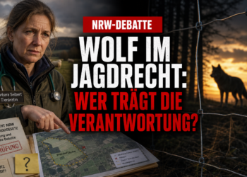 Wolfsregelung NRW: Tierärztin Barbara Seibert vor Weidefläche und Wolf hinter Schutzzaun zur Debatte um das Jagdrecht.