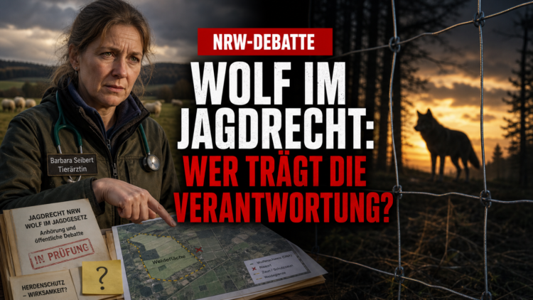 Wolfsregelung NRW: Tierärztin Barbara Seibert vor Weidefläche und Wolf hinter Schutzzaun zur Debatte um das Jagdrecht.