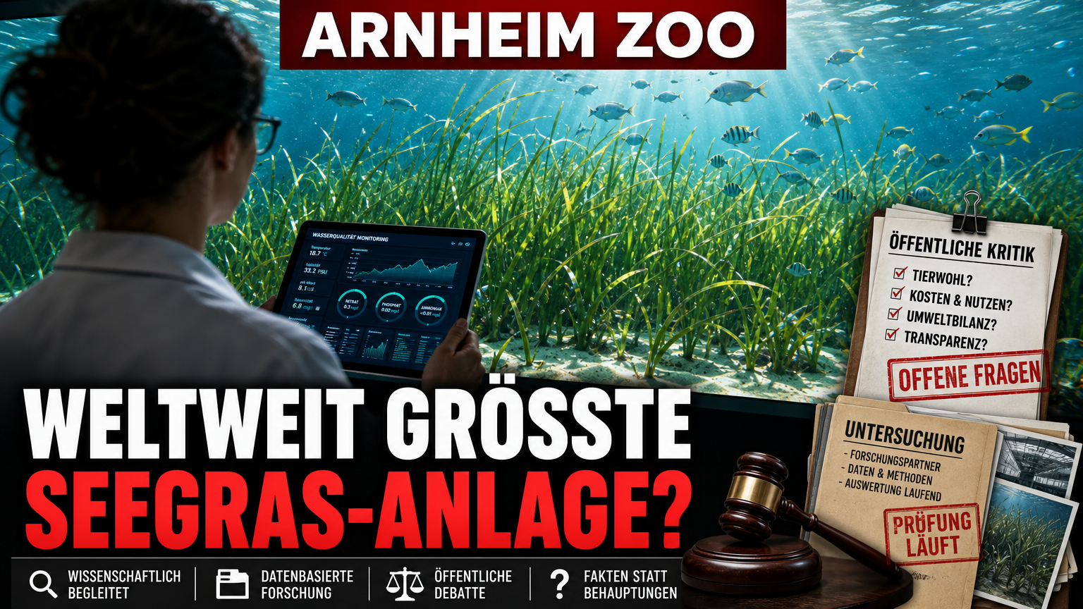 Burgers’ Zoo eröffnet 50.000-Liter-Aquarium für eine indonesische Seegraswiese 1 Ein Forscher beobachtet das neue Seegras-Aquarium im Burgers’ Zoo Arnheim mit wissenschaftlichen Daten auf einem Tablet.