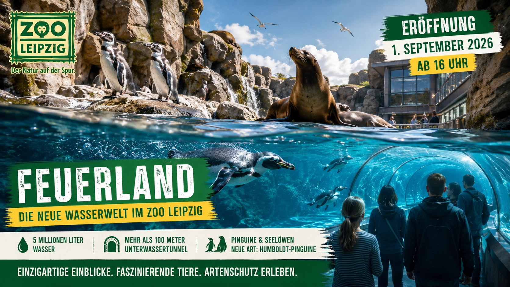 Feuerland Zoo Leipzig mit Humboldt-Pinguinen, Seelöwen und Unterwassertunnel in der neuen Wasserwelt zur Eröffnung 2026.