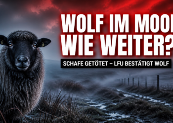 Ein besorgtes Schaf in einer nebligen Moorlandschaft nach einem Wolfsangriff bei Egling.