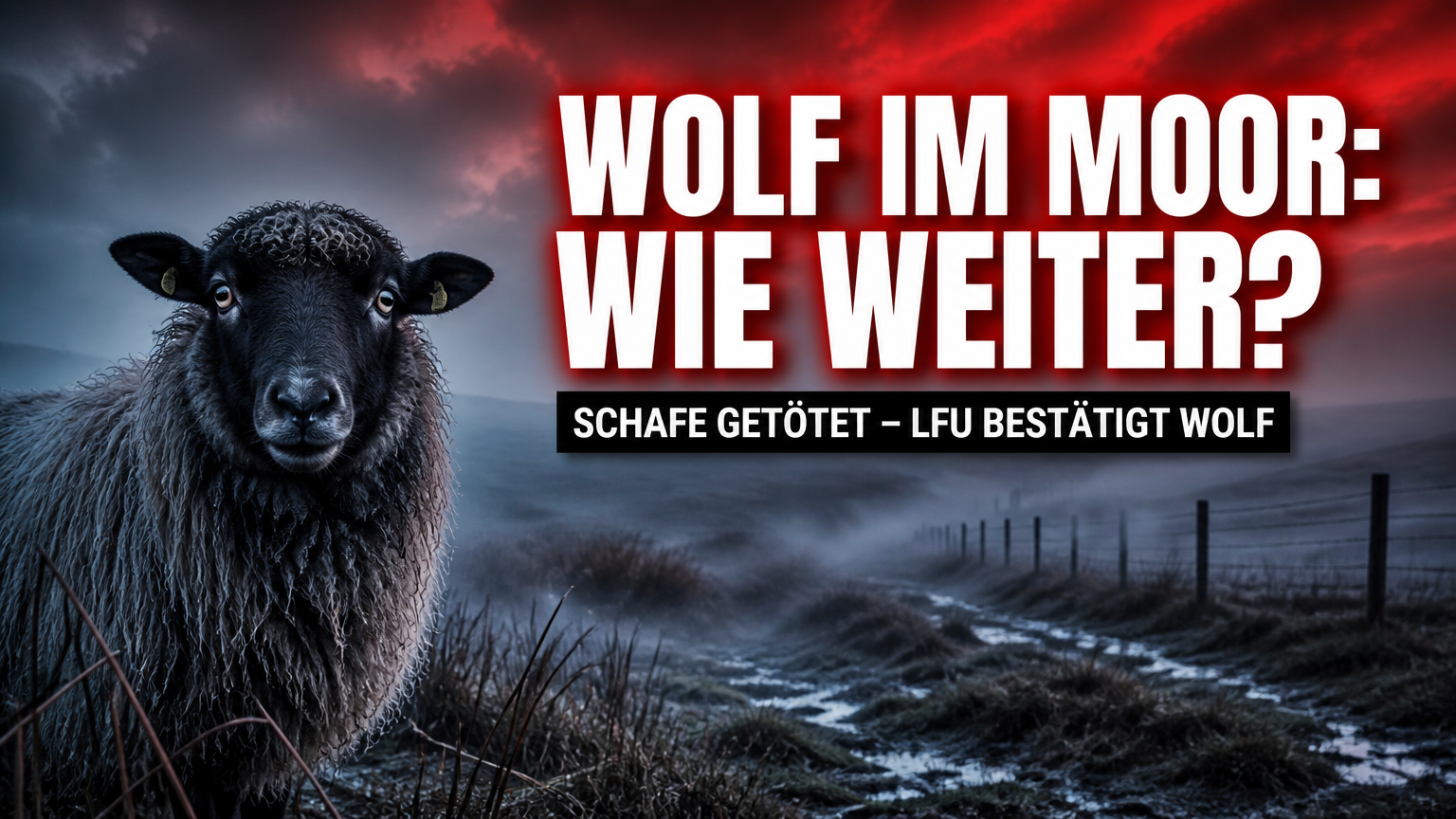Ein besorgtes Schaf in einer nebligen Moorlandschaft nach einem Wolfsangriff bei Egling.