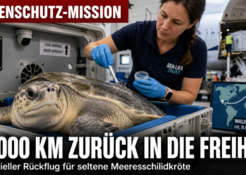 Eine Atlantik-Bastardschildkröte wird in einer Spezialbox für den Rückflug in den Golf von Mexiko vorbereitet.