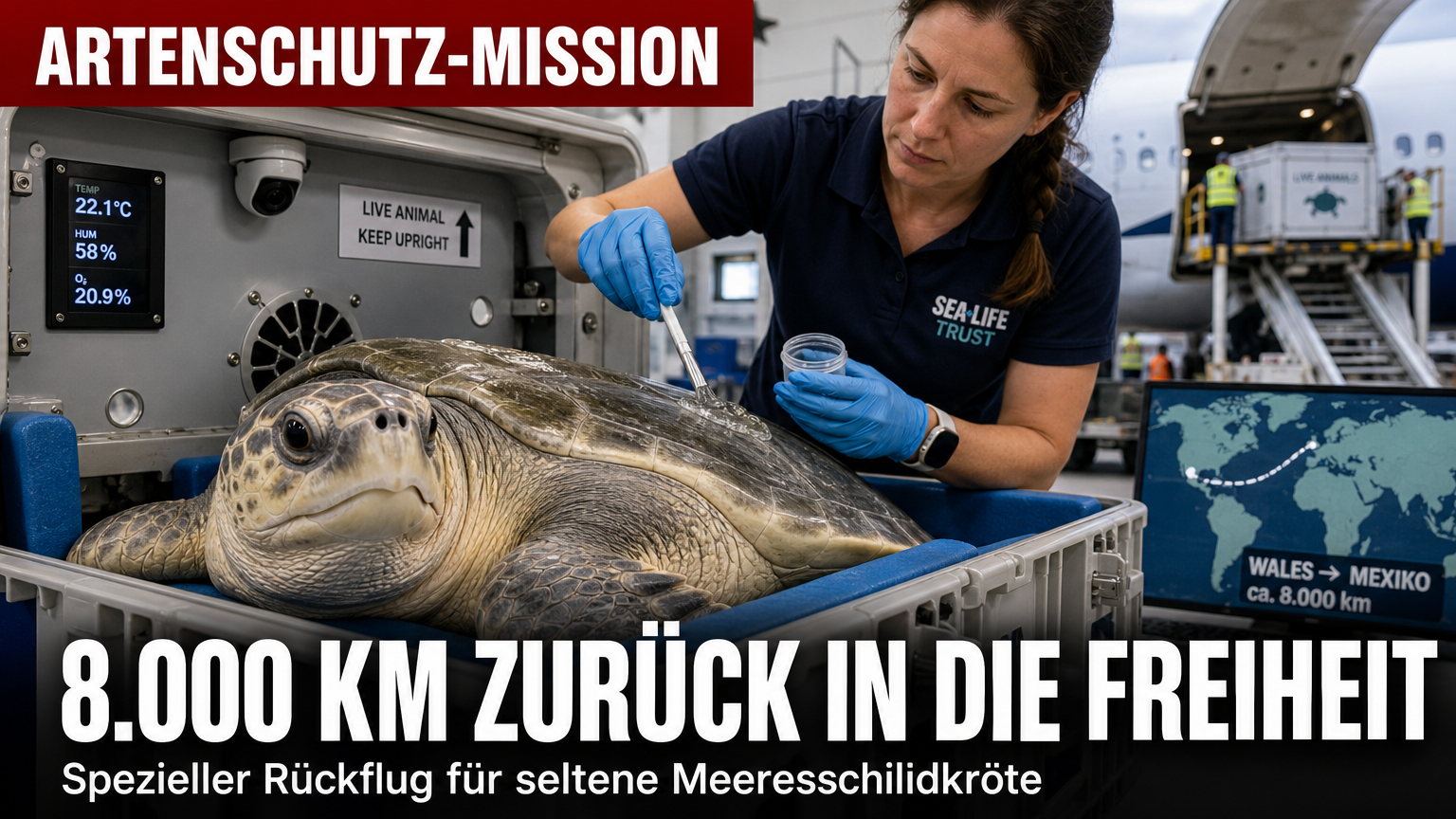 Eine Atlantik-Bastardschildkröte wird in einer Spezialbox für den Rückflug in den Golf von Mexiko vorbereitet.