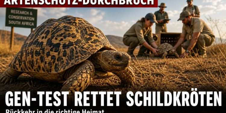 Pantherschildkröten Auswilderung: Eine Pantherschildkröte bei der Auswilderung in der südafrikanischen Savanne nach erfolgreicher genetischer Herkunftsbestimmung.