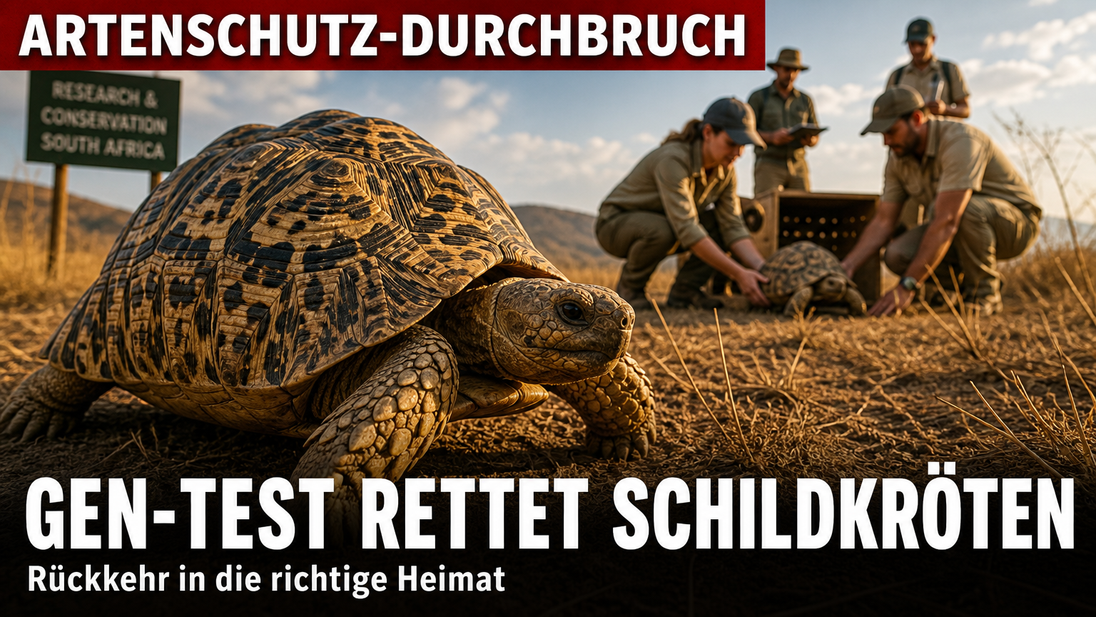 Pantherschildkröten Auswilderung: Eine Pantherschildkröte bei der Auswilderung in der südafrikanischen Savanne nach erfolgreicher genetischer Herkunftsbestimmung.