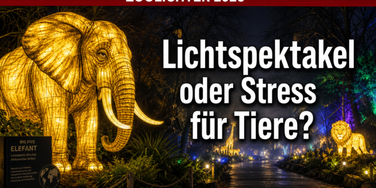 Leuchtende Elefanten-Skulptur bei den Zoolichter Duisburg im nächtlichen Zoo