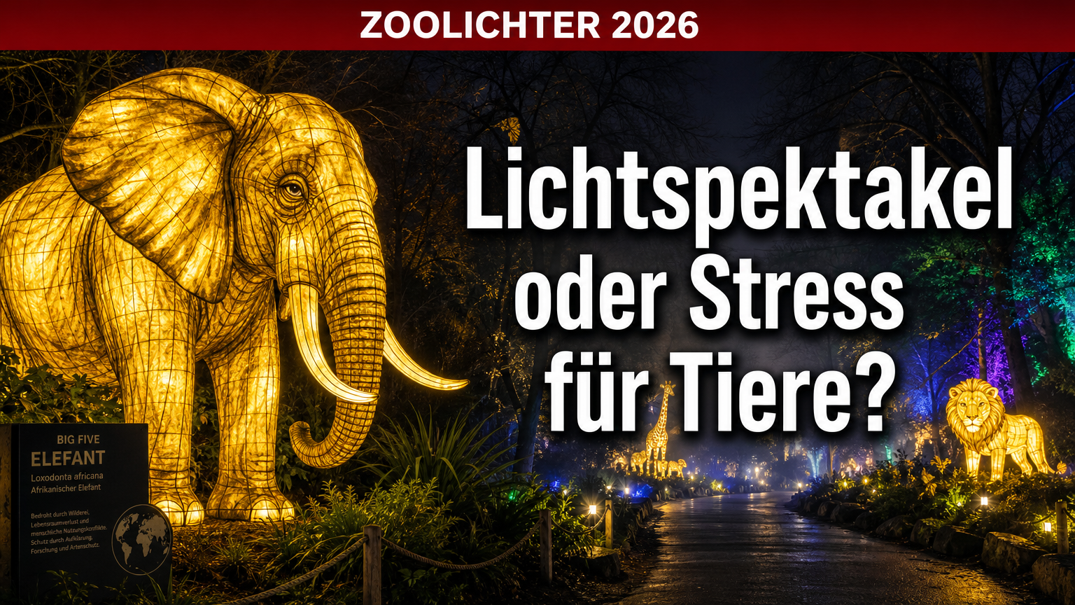 Zoolichter 2026 im Zoo Duisburg: Vier Kilometer Lichtkunst und neue Themenwelten 1 Leuchtende Elefanten-Skulptur bei den Zoolichter Duisburg im nächtlichen Zoo