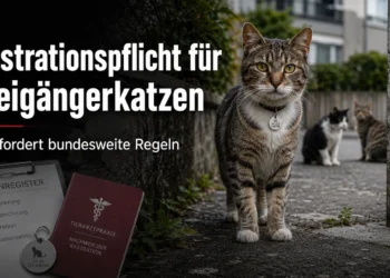 Kastrationspflicht für Freigängerkatzen: Freigängerkatze vor urbaner Kulisse mit Hinweisen auf Registrierung, Kennzeichnung und Kastration.