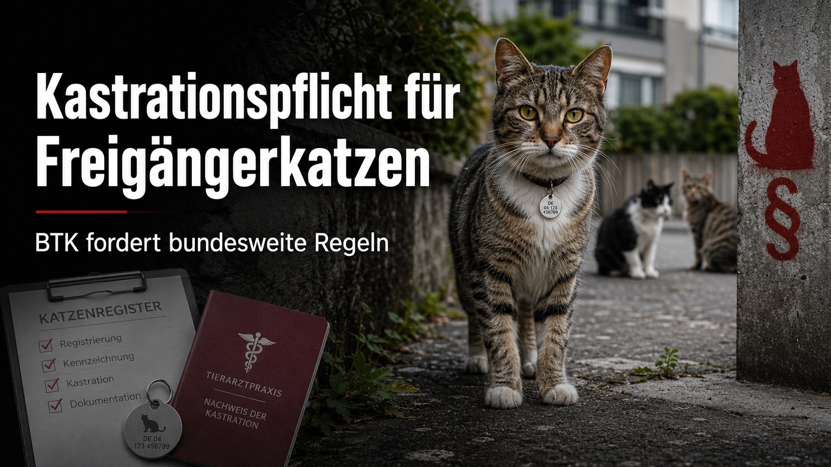 Kastrationspflicht für Freigängerkatzen: Freigängerkatze vor urbaner Kulisse mit Hinweisen auf Registrierung, Kennzeichnung und Kastration.